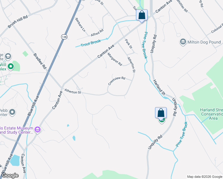 map of restaurants, bars, coffee shops, grocery stores, and more near 3 Crestview Road in Milton