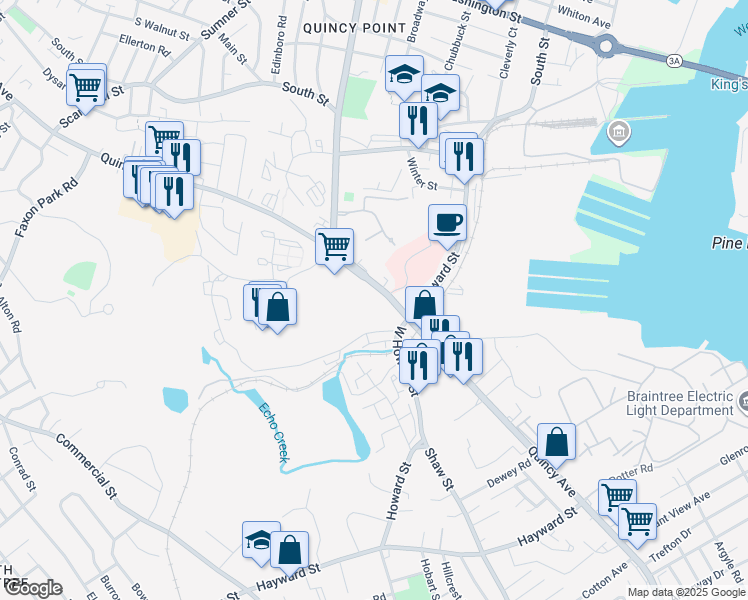 map of restaurants, bars, coffee shops, grocery stores, and more near 15 Bower Road in Quincy