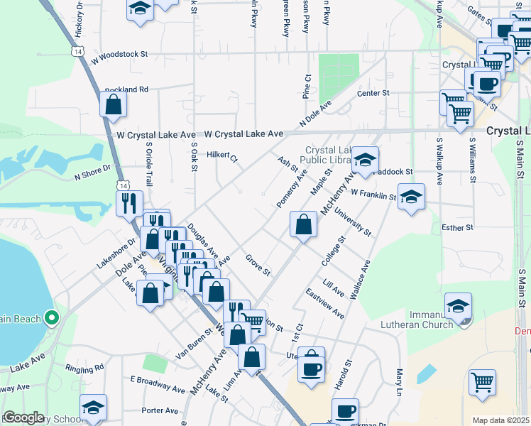 map of restaurants, bars, coffee shops, grocery stores, and more near 140 Pomeroy Avenue in Crystal Lake
