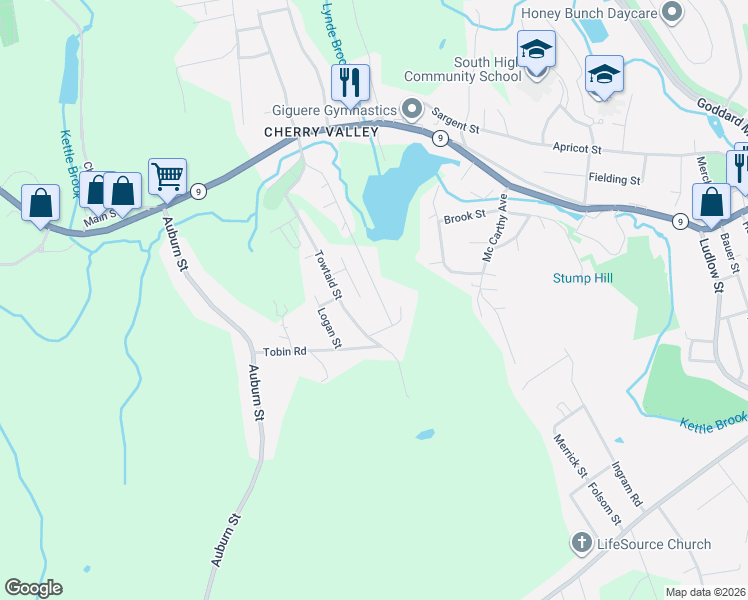 map of restaurants, bars, coffee shops, grocery stores, and more near 154 Boyd Street in Leicester