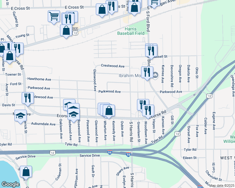 map of restaurants, bars, coffee shops, grocery stores, and more near 1330 Parkwood Avenue in Ypsilanti