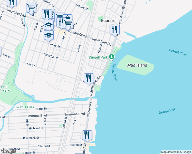 map of restaurants, bars, coffee shops, grocery stores, and more near 4646 West Jefferson Avenue in Ecorse