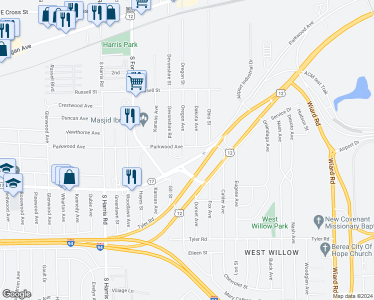 map of restaurants, bars, coffee shops, grocery stores, and more near 1754 Parkwood Avenue in Ypsilanti