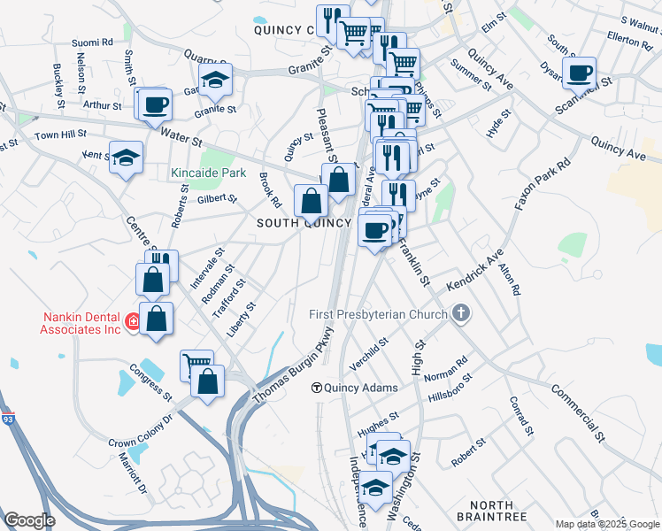 map of restaurants, bars, coffee shops, grocery stores, and more near 106 East Penn Street in Quincy