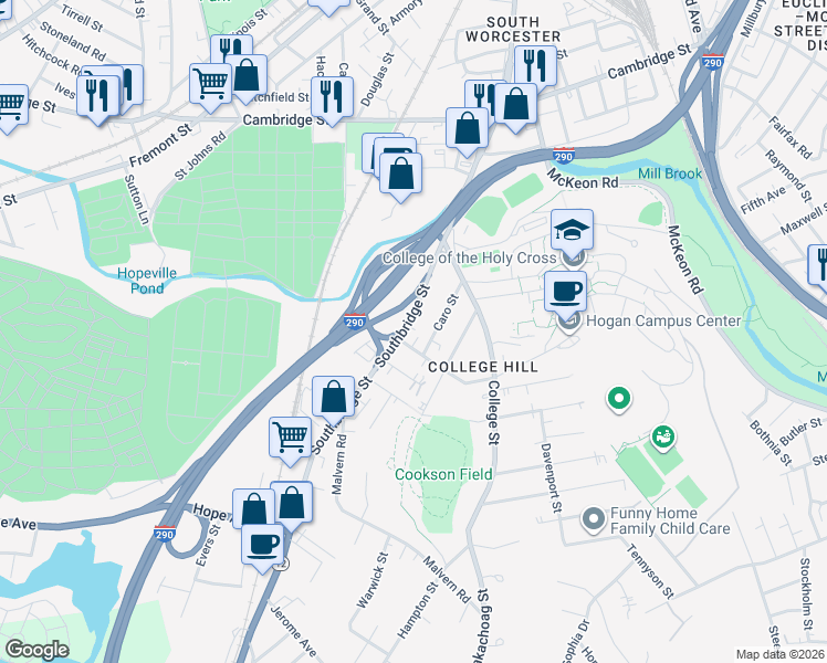 map of restaurants, bars, coffee shops, grocery stores, and more near 5 Boyden Street in Worcester