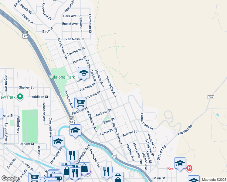 map of restaurants, bars, coffee shops, grocery stores, and more near 2035 Portland Street in Klamath Falls