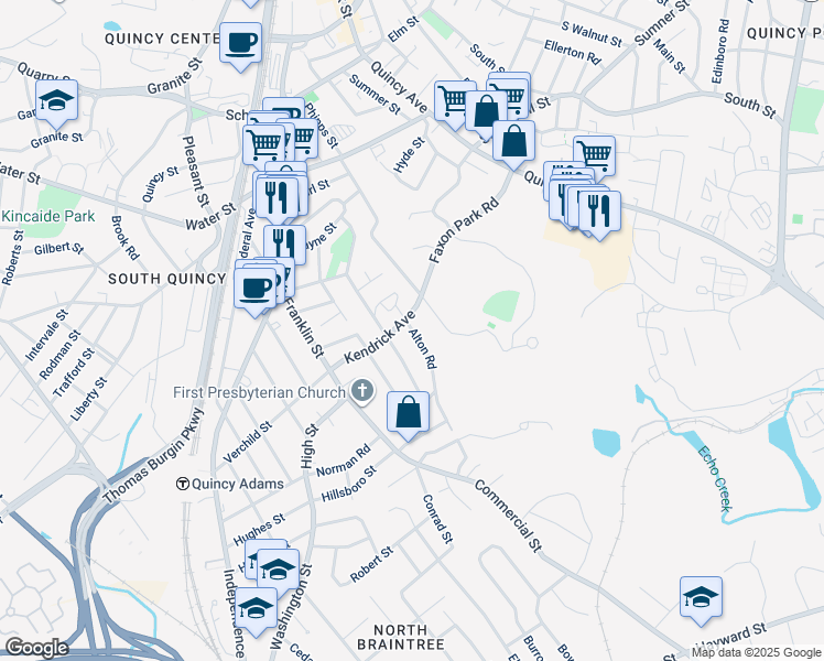 map of restaurants, bars, coffee shops, grocery stores, and more near 21 Alton Road in Quincy