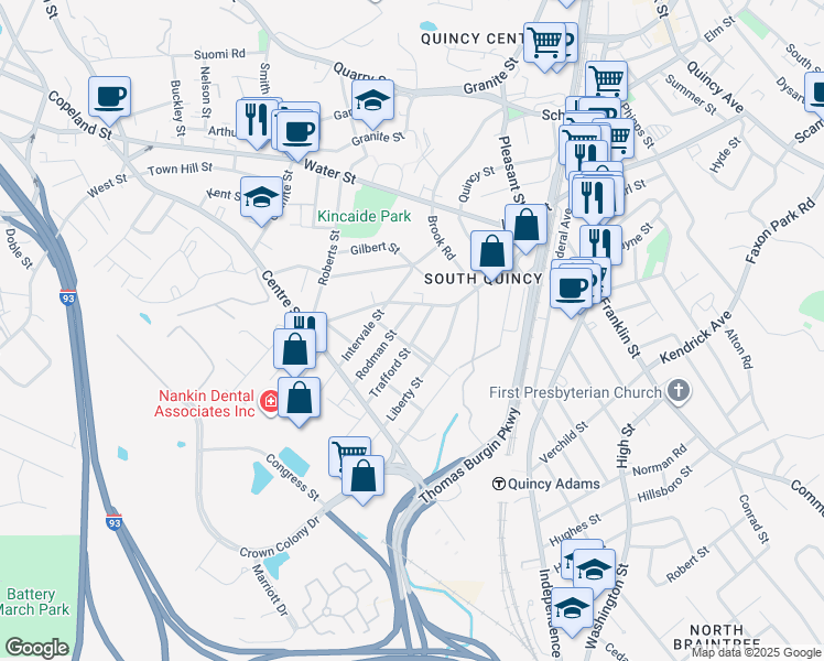 map of restaurants, bars, coffee shops, grocery stores, and more near 60 Taber Street in Quincy