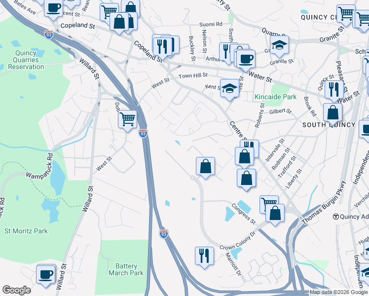 map of restaurants, bars, coffee shops, grocery stores, and more near 51 Village Drive in Quincy