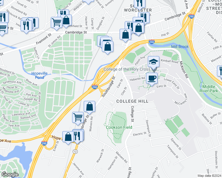 map of restaurants, bars, coffee shops, grocery stores, and more near 5 Boyden Street in Worcester