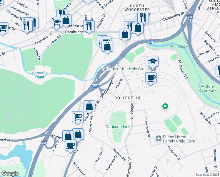 map of restaurants, bars, coffee shops, grocery stores, and more near 5 Boyden Street in Worcester