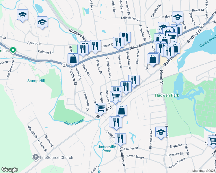 map of restaurants, bars, coffee shops, grocery stores, and more near 21 Victor Avenue in Worcester