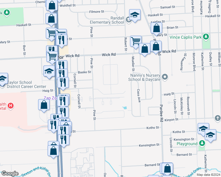 map of restaurants, bars, coffee shops, grocery stores, and more near 9622 Elm Street in Taylor
