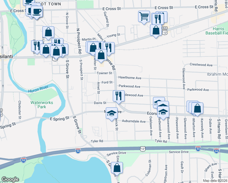 map of restaurants, bars, coffee shops, grocery stores, and more near 316 Ecorse Road in Ypsilanti