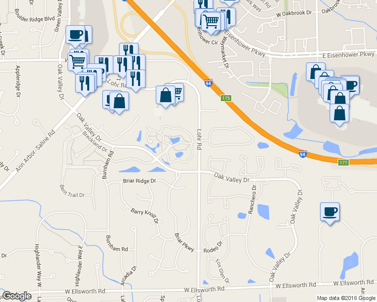 map of restaurants, bars, coffee shops, grocery stores, and more near 1533 Oakfield Drive in Ann Arbor