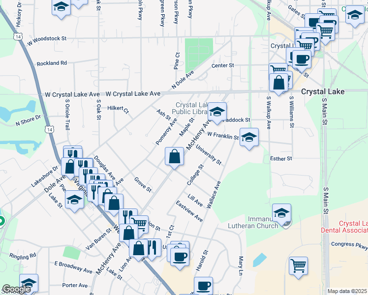 map of restaurants, bars, coffee shops, grocery stores, and more near 148 McHenry Avenue in Crystal Lake