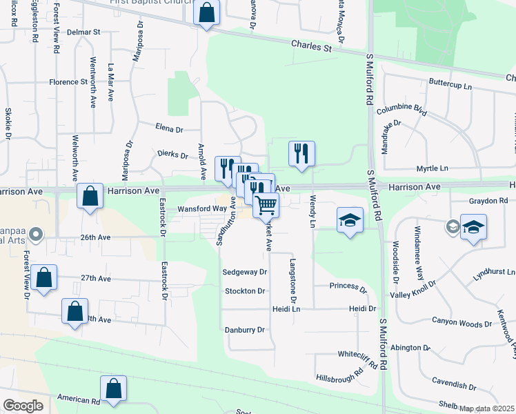 map of restaurants, bars, coffee shops, grocery stores, and more near 5641 Wansford Way in Rockford