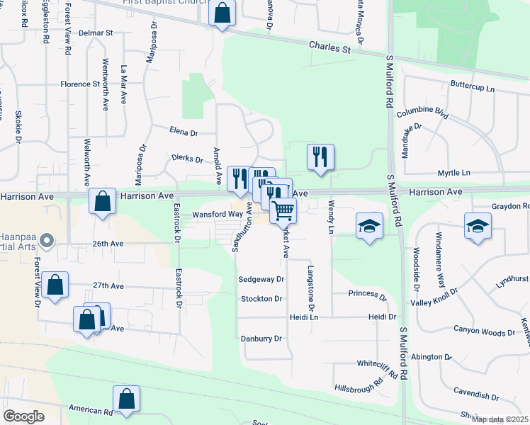 map of restaurants, bars, coffee shops, grocery stores, and more near 5641 Wansford Way in Rockford