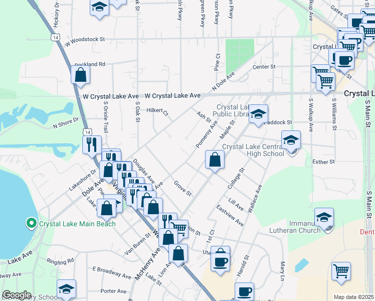map of restaurants, bars, coffee shops, grocery stores, and more near 330 Dolle Lane in Crystal Lake