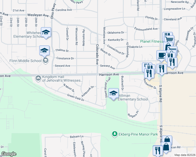 map of restaurants, bars, coffee shops, grocery stores, and more near 2606 Colorado Avenue in Rockford