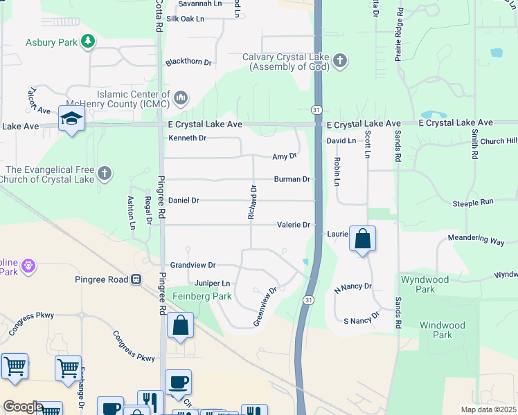 map of restaurants, bars, coffee shops, grocery stores, and more near 4714 Valerie Drive in Crystal Lake