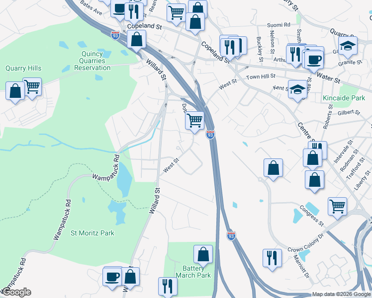map of restaurants, bars, coffee shops, grocery stores, and more near 211 West Street in Quincy