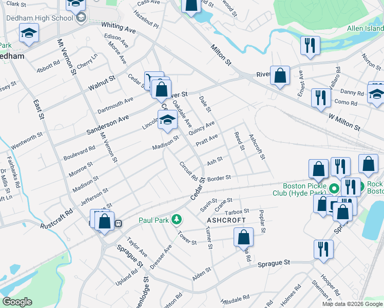 map of restaurants, bars, coffee shops, grocery stores, and more near 18 Fales Road in Dedham
