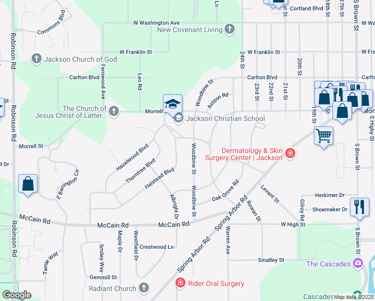 map of restaurants, bars, coffee shops, grocery stores, and more near 849 Woodbine Street in Jackson
