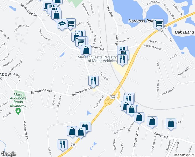 map of restaurants, bars, coffee shops, grocery stores, and more near 19 Haskins Street in Worcester