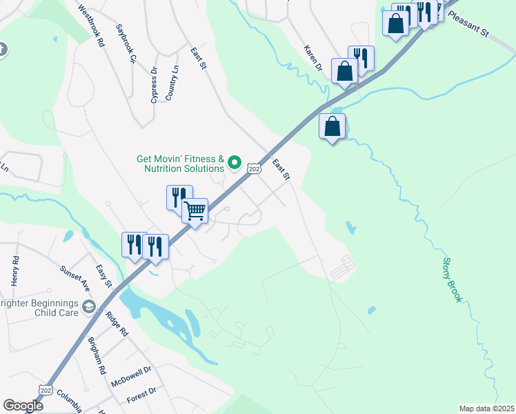 map of restaurants, bars, coffee shops, grocery stores, and more near 128 Hadley Village Road in South Hadley