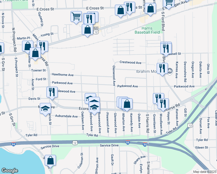 map of restaurants, bars, coffee shops, grocery stores, and more near 1127 Maplewood Avenue in Ypsilanti