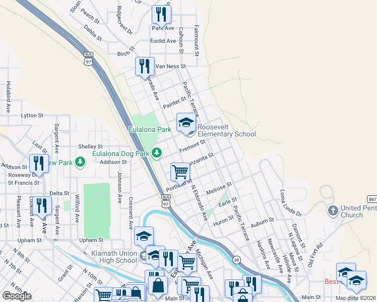 map of restaurants, bars, coffee shops, grocery stores, and more near 1935 Manzanita Street in Klamath Falls