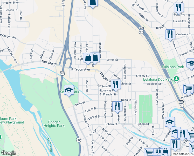 map of restaurants, bars, coffee shops, grocery stores, and more near 521 Addison Street in Klamath Falls