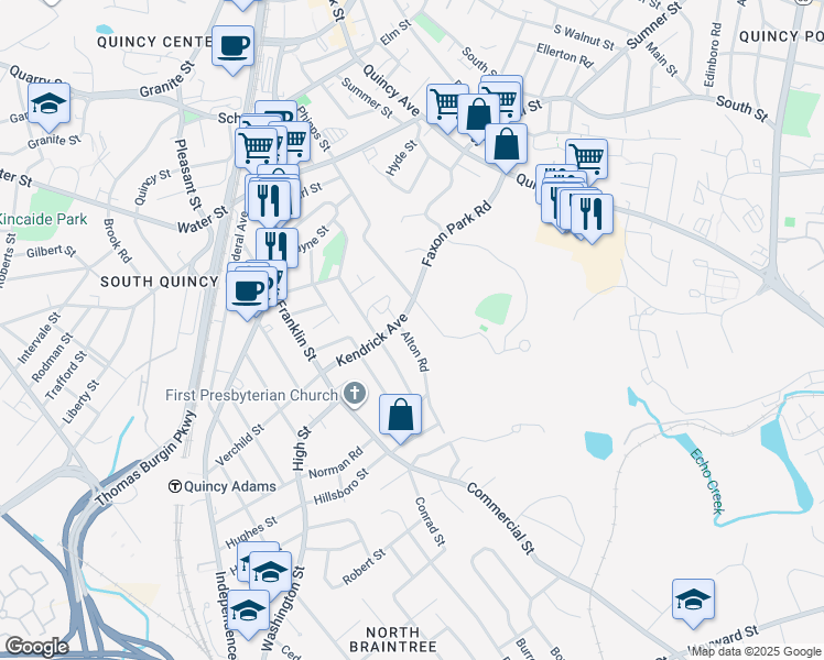 map of restaurants, bars, coffee shops, grocery stores, and more near 21 Alton Road in Quincy