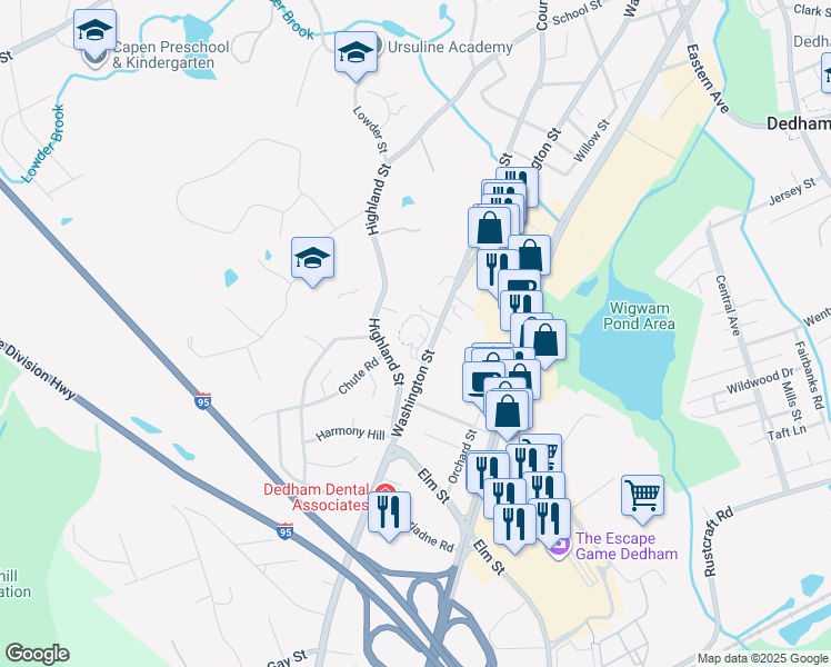 map of restaurants, bars, coffee shops, grocery stores, and more near 767 Washington Street in Dedham