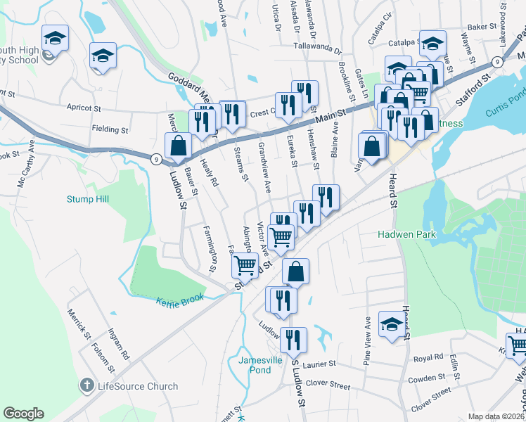 map of restaurants, bars, coffee shops, grocery stores, and more near 21 Victor Avenue in Worcester
