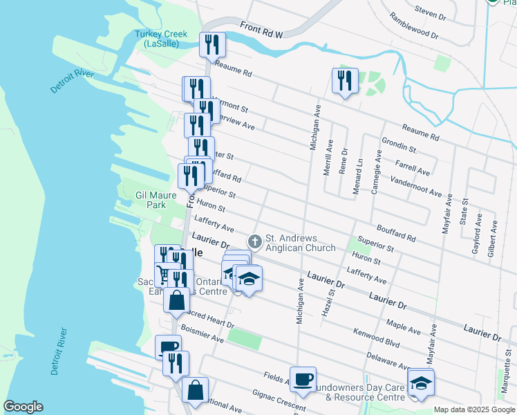 map of restaurants, bars, coffee shops, grocery stores, and more near 192 Huron Street in Windsor