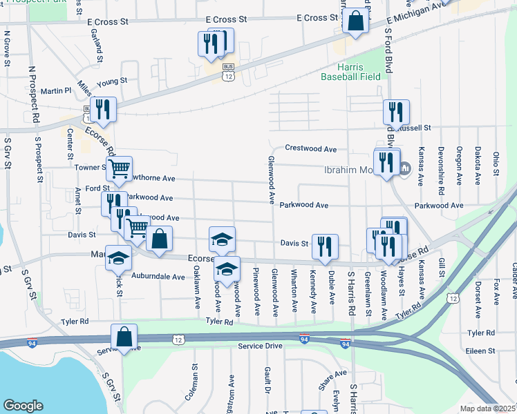 map of restaurants, bars, coffee shops, grocery stores, and more near 1127 Maplewood Avenue in Ypsilanti