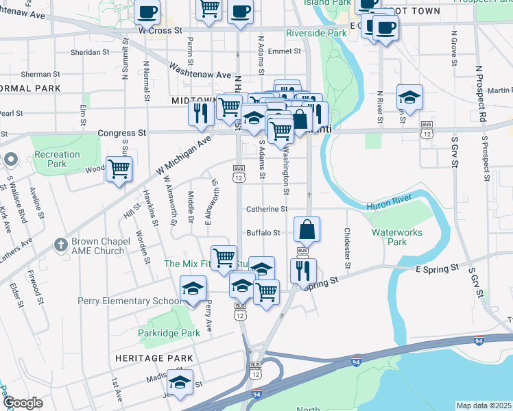 map of restaurants, bars, coffee shops, grocery stores, and more near 310 South Adams Street in Ypsilanti