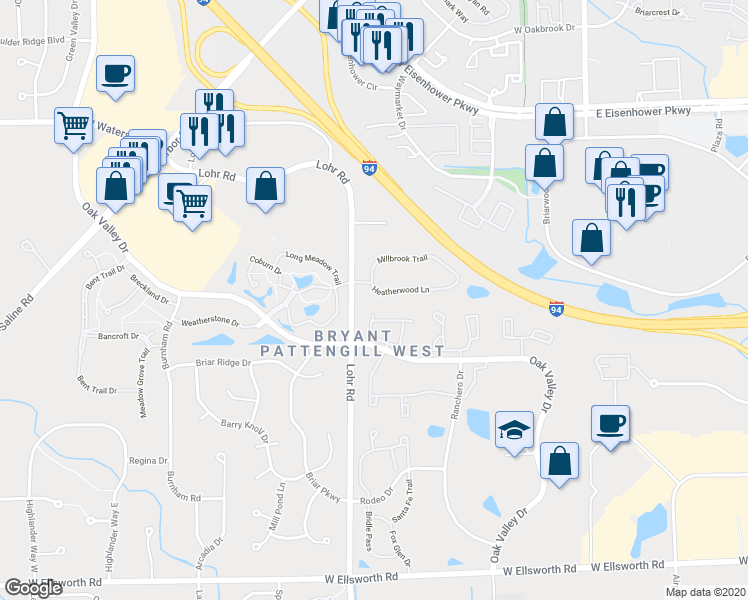 map of restaurants, bars, coffee shops, grocery stores, and more near 1468 Fox Pointe Circle in Ann Arbor