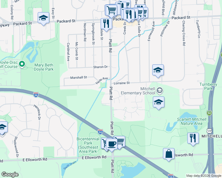 map of restaurants, bars, coffee shops, grocery stores, and more near 3567 Platt Road in Ann Arbor