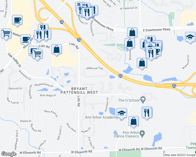 map of restaurants, bars, coffee shops, grocery stores, and more near 1412 Fox Pointe Circle in Ann Arbor