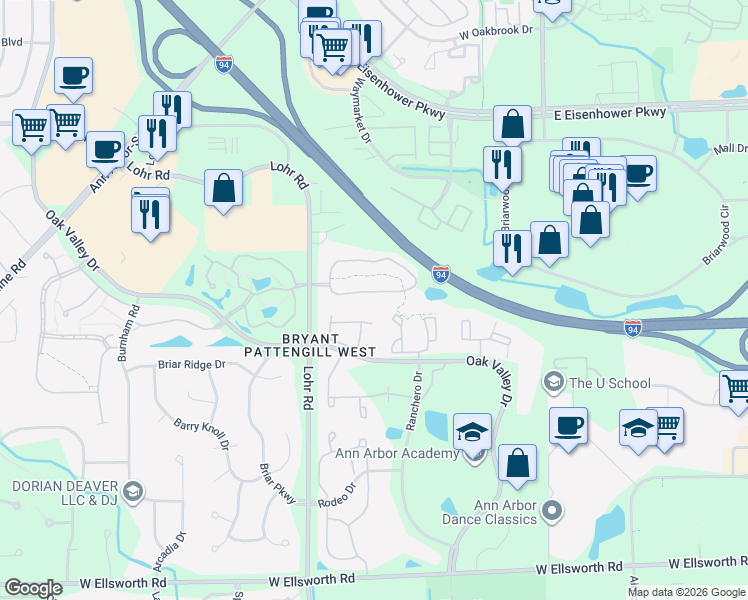 map of restaurants, bars, coffee shops, grocery stores, and more near 1349 Heatherwood Lane in Ann Arbor