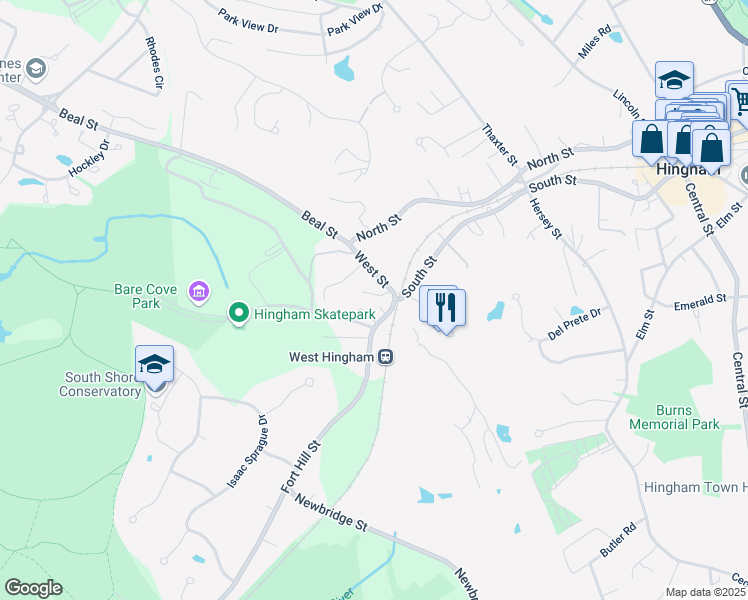 map of restaurants, bars, coffee shops, grocery stores, and more near 2 Quincy Avenue in Hingham
