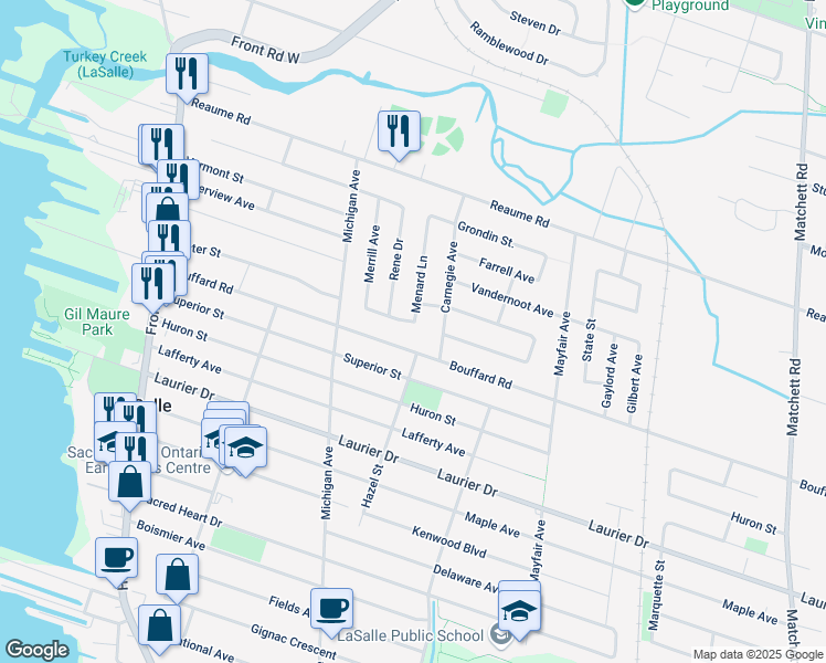 map of restaurants, bars, coffee shops, grocery stores, and more near 455 Menard Lane in Windsor