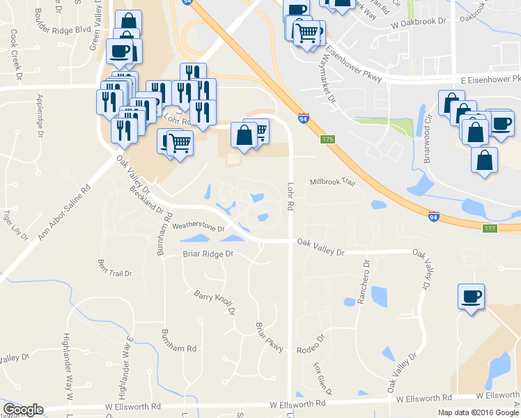 map of restaurants, bars, coffee shops, grocery stores, and more near 1569 Weatherstone Drive in Ann Arbor