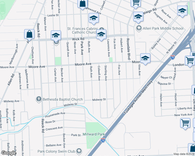 map of restaurants, bars, coffee shops, grocery stores, and more near 9822 Colwell Avenue in Allen Park