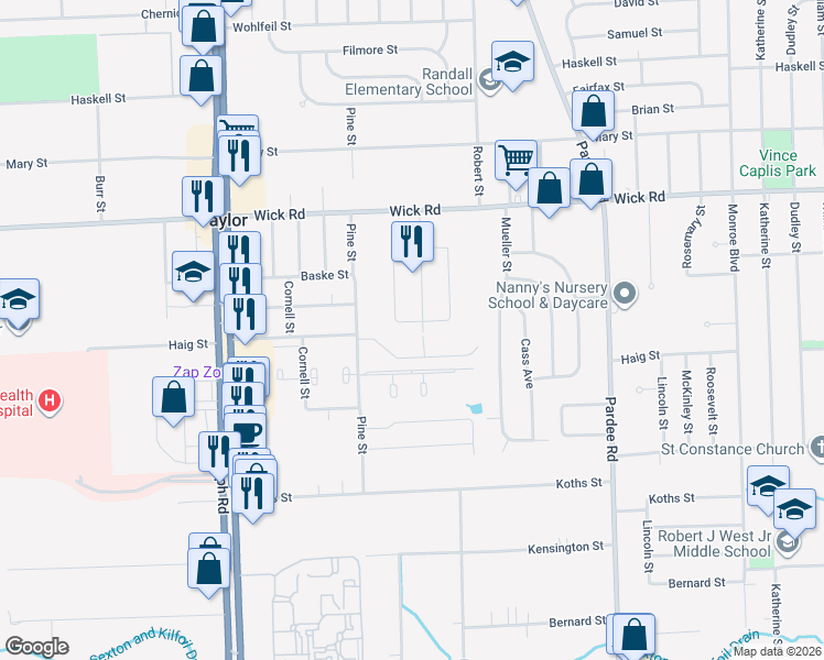 map of restaurants, bars, coffee shops, grocery stores, and more near 9622 Elm Street in Taylor