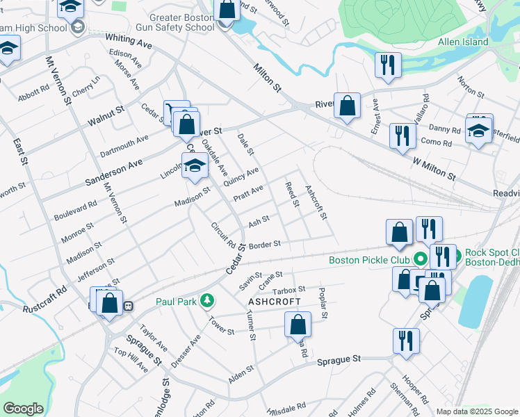 map of restaurants, bars, coffee shops, grocery stores, and more near 218 Cedar Street in Dedham