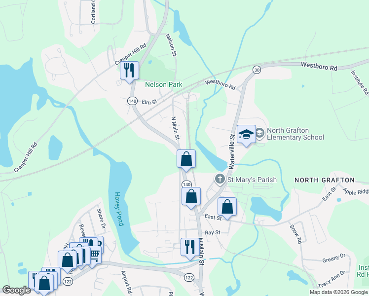 map of restaurants, bars, coffee shops, grocery stores, and more near 72R North Main Street in Grafton